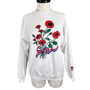 Vintage Hanes Cotton Blend Red Poppy Flowers Sweatshirt White L 42-44